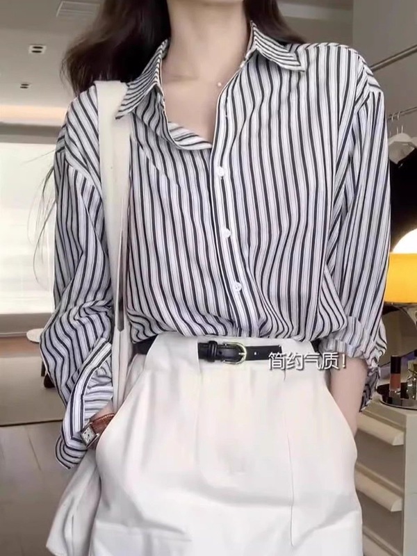 复古Polo领职业面试撞色条纹衬衫女春秋宽松显瘦衬衣叠穿内搭上衣|undefined