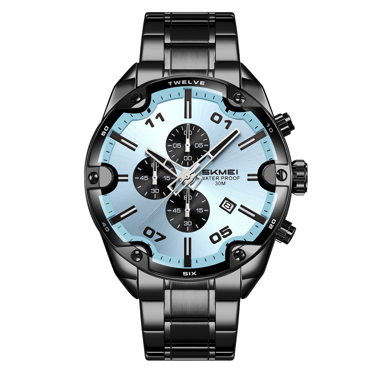 Momento de belleza reloj de hombre tres ojos multifuncional impermeable reloj de hombre correa de acero relojes de pulsera personalizados transfronterizos fábrica al por mayor