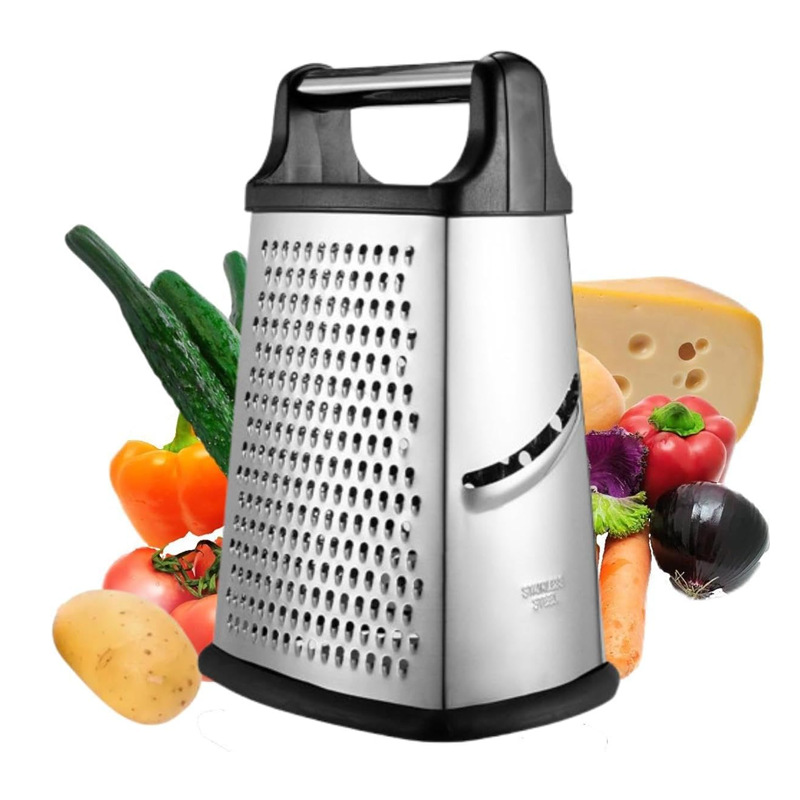 Cuatro lados de acero inoxidable raspador con mango, raspador multifuncional para pepinos, zanahorias, queso, patatas