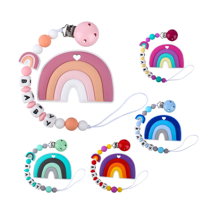 Bebé de dibujos animados colorido rojo de silicona teether stick teether nuevo nombre del bebé chupete cadena traje teether