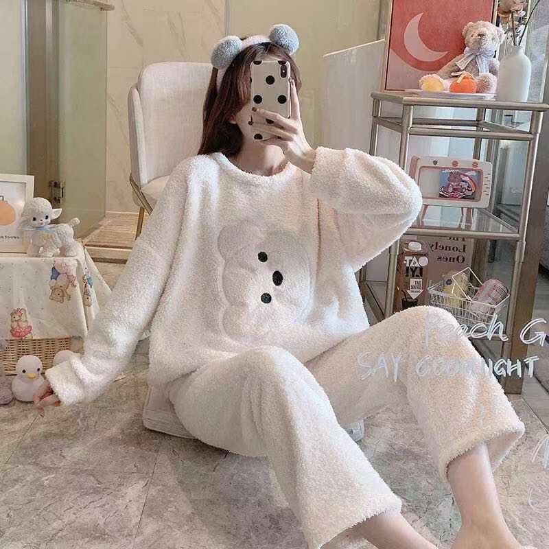 Otoño e Invierno de lana de coral pijamas para las mujeres de invierno engrosada lana forrada franela princesa estilo dulce estudiante primavera homewear traje