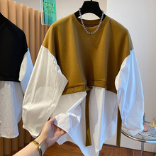 今年流行设计感小众宽松撞色t恤卫衣拼接假两件长袖衬衫上衣女秋