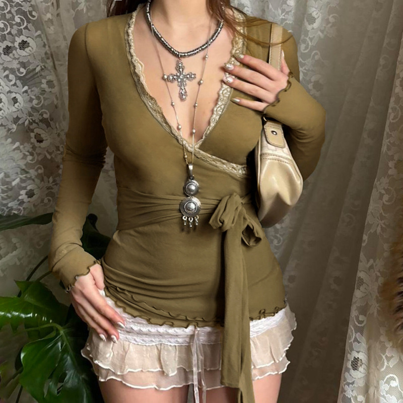 美式辣妹风交叉V领腰部绑带设计修身上衣蕾丝拼接木耳边长袖T恤秋|undefined