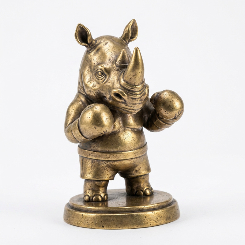 Vintage Pure Copper Fighting Rhino Tea Pet Ornament with Shorts and Boxing Gloves, Battle Rhino Copper Sculpture for Desk and Tabletop, Niche Sports Decor