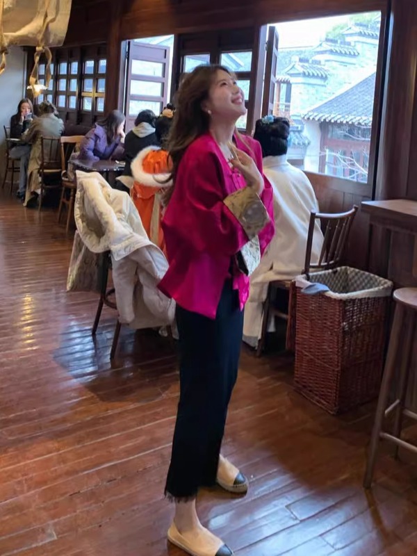 新中式国风玫红色外套女秋季大码胖气质高级感好看盘扣开衫上衣|undefined