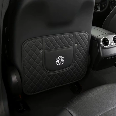 Camellia Car Anti-Kick Pad, Small Fragrance Style Rear Seat Protective Pad, Leather Seat Back Wear-Resistant Protective Pad (Chair back anti-kick pad) - quilted-short-anti-kick-pad-black-camellia