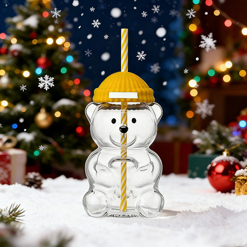 Taza de Navidad de doble capa al por mayor con tapa de vidrio de café aislante térmico alta resistencia al calor borosilicano de alta visualización taza de Navidad personalizada