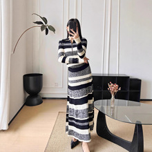 南油原创高端女装黑白条纹上衣休闲针织衫+半身裙套装慵懒又高级