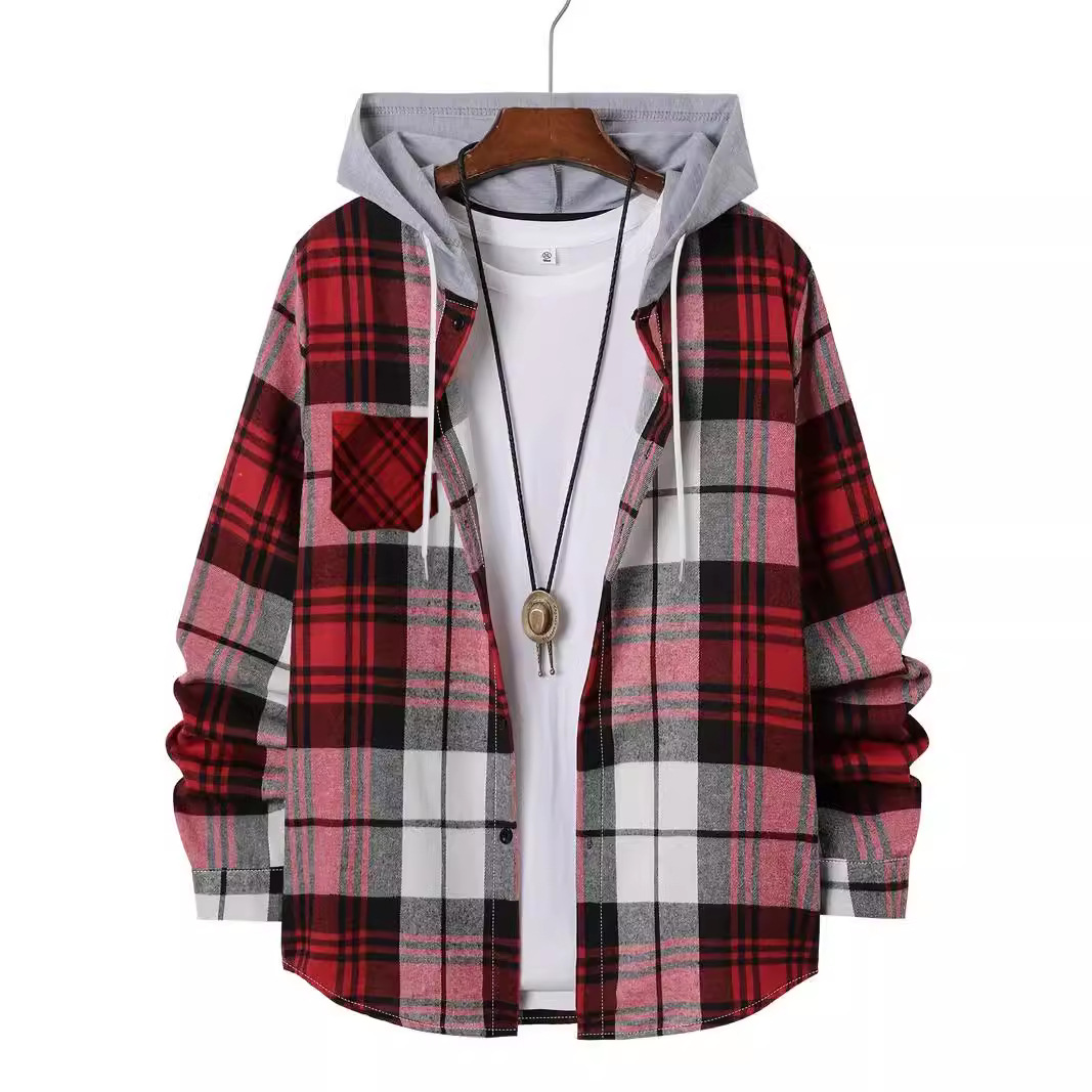 Monochrome Man- Cross-Border European American Men's Spring And Autumn Casual Cotton Blend Hooded Long-Sleeve Plaid Shirt_voghion.com