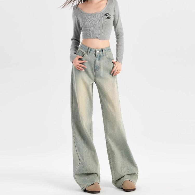 Light-Colored High Street Wide-Leg Jeans for Women 2025 New High-Waisted Loose Slimming Retro Draped Straight Floor-Length Pants