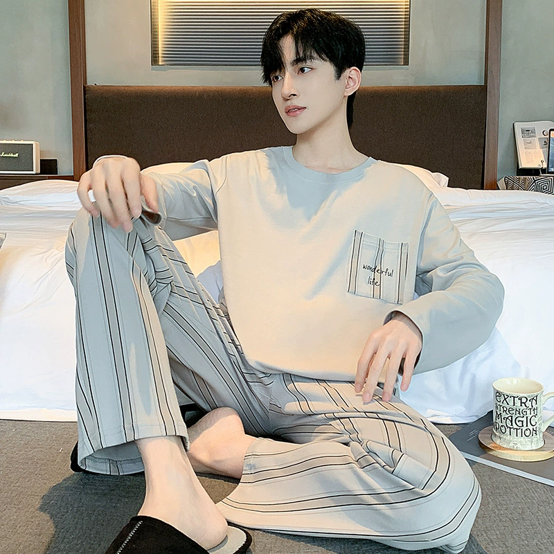 Хлопчатобумажная пижама с длинными рукавами весной мужской костюм