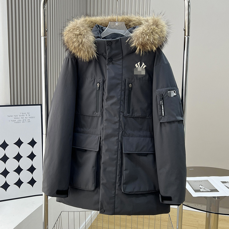 张淩赫同款MLB羽绒服女 貂子毛领中长款工装宽松刺绣男女鹅绒外套|undefined