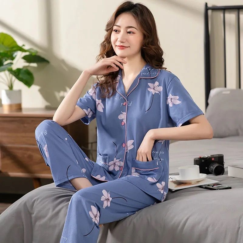 Pijamas de las mujeres de algodón de verano de manga corta pantalones más traje de tamaño de mediana edad y anciano madre ropa de casa Primavera, Otoño e Invierno