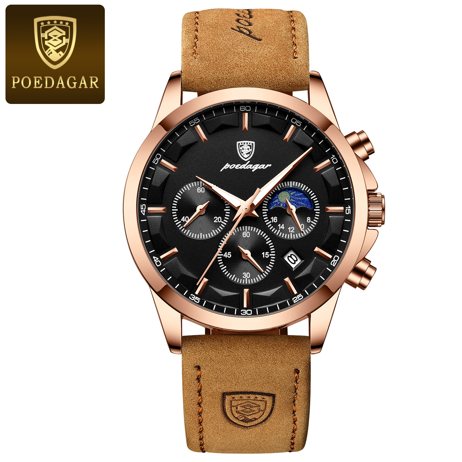 POEDAGAR multifuncional nuevo reloj de hombre moda seis agujas cronógrafo reloj de pulsera de cuarzo correa relojes casuales P928 image 5