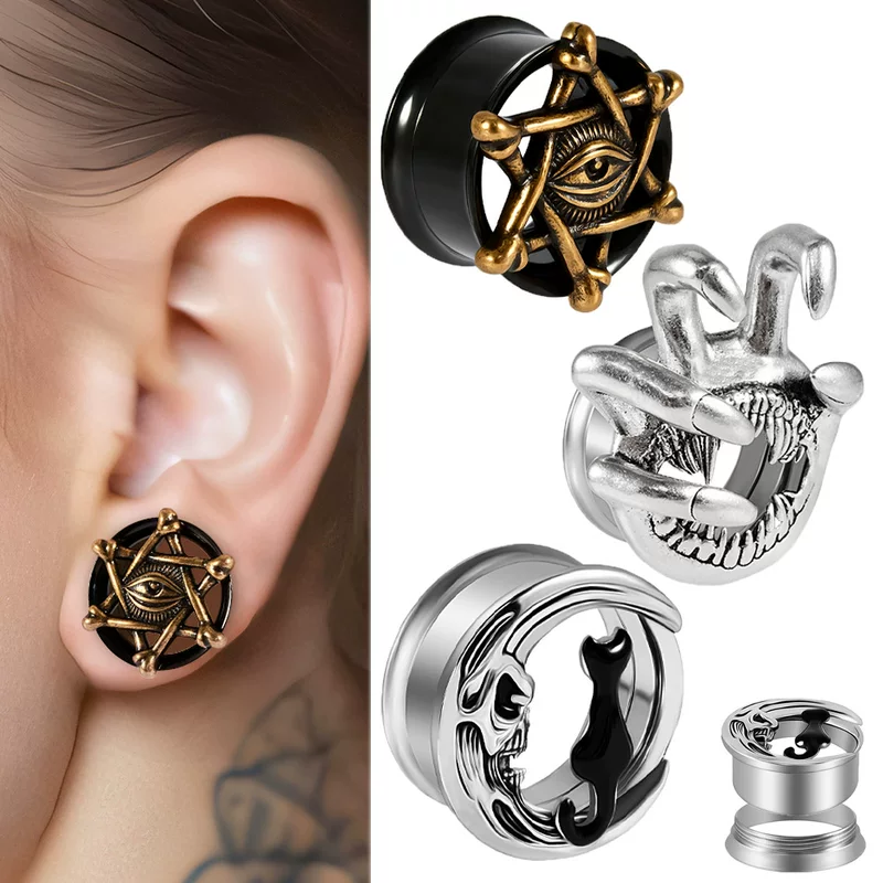 Cross-border stainless steel five-star eyes electroplated auricle ancient silver sharp claw black cat inner teeth double horn copper piercing ear expander