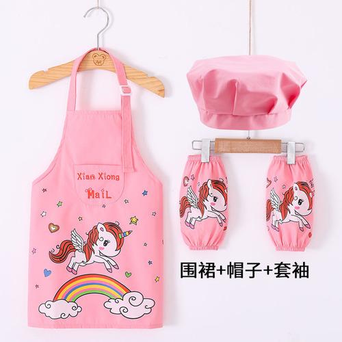 Children's apron, hat, sleeves, waterproof and oil-proof, three-piece kitchen baking set for kindergarten primary school students, 6-12 years old