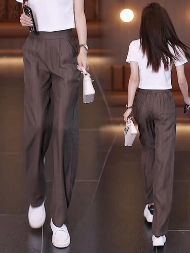 Ice silk narrow version wide-leg pants, summer thin, light luxury straight pants, high waist, drooping, nine-cent women's pants, casual pants