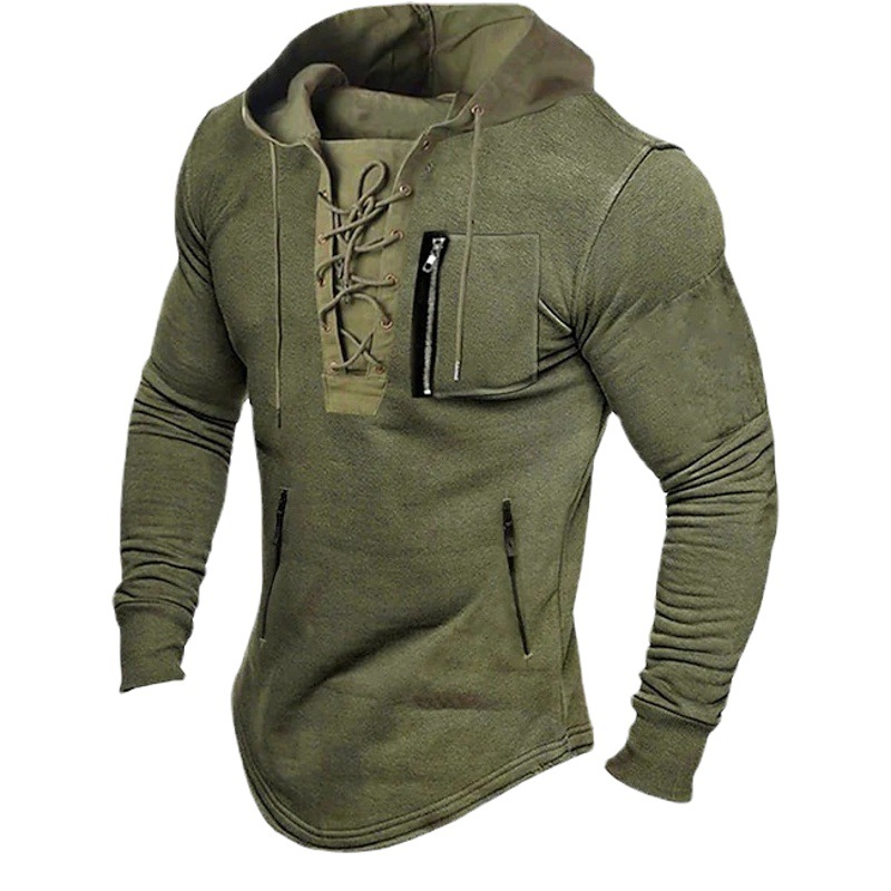 2025 New Men's Spring and Autumn Hoodie Solid Color Lace-up Zipper Pocket Sports Street Wear Bronzing Sweatshirt