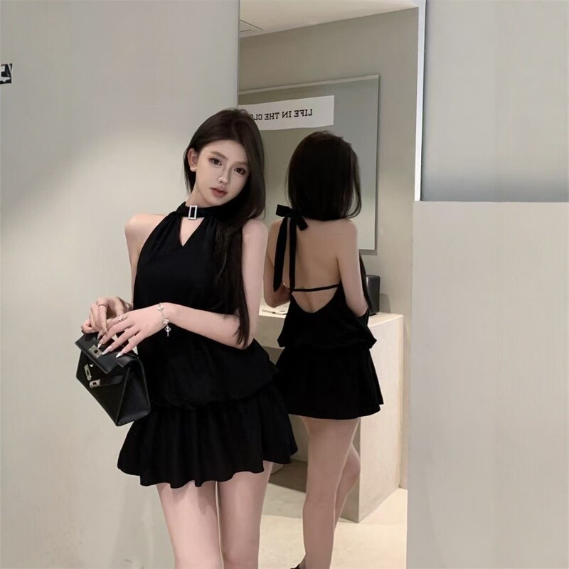 Y2K New Solid Color Halter Neck Backless Dress for Women, Summer Sexy Elegant Fresh Style, Waist-Cinching Slimming Short Dress for Women