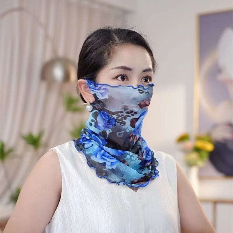 Primavera y verano de encaje velo protector solar protector facial de mujer cuello colgante máscara de orejas máscara respirada bufandas de seda protector solar UV