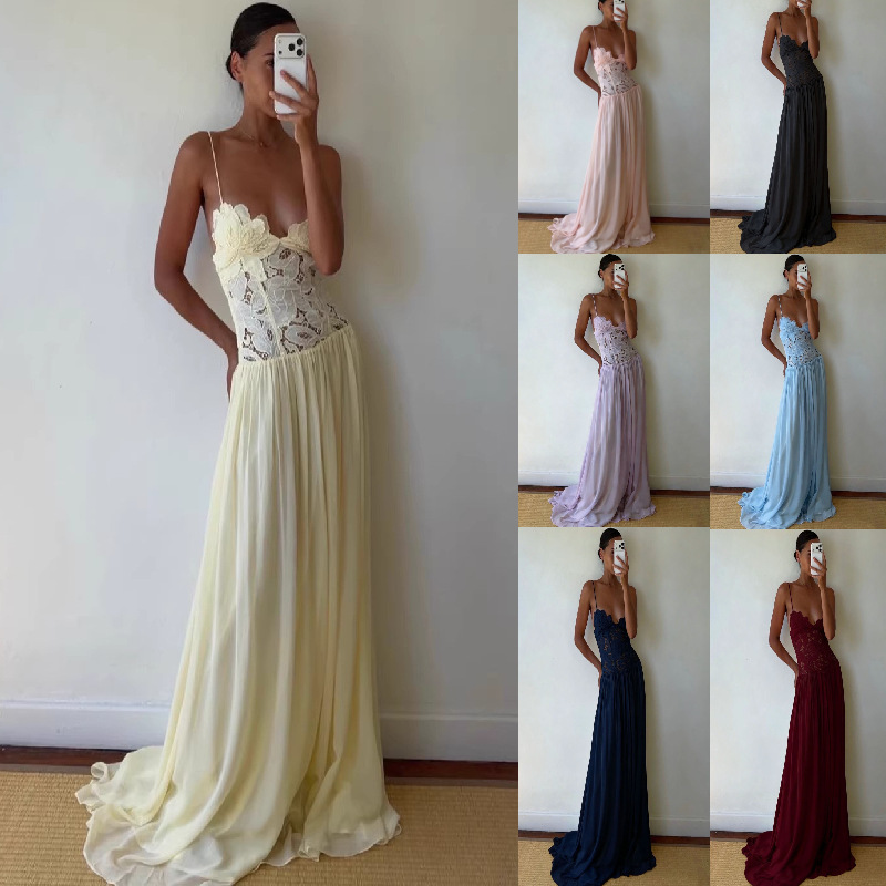 Cross-Border Supply: Sexy Hot Girl Casual Vacation Style Embroidered Water-Soluble Lace Hollow-Out Patchwork Chiffon Spaghetti Strap Long Dress Cross-Border Supply: Sexy Hot Girl Casual Vacation Style Embroidered Water-Soluble Lace Hollow-Out Patchwork Chiffon Spaghetti Strap Long Dress