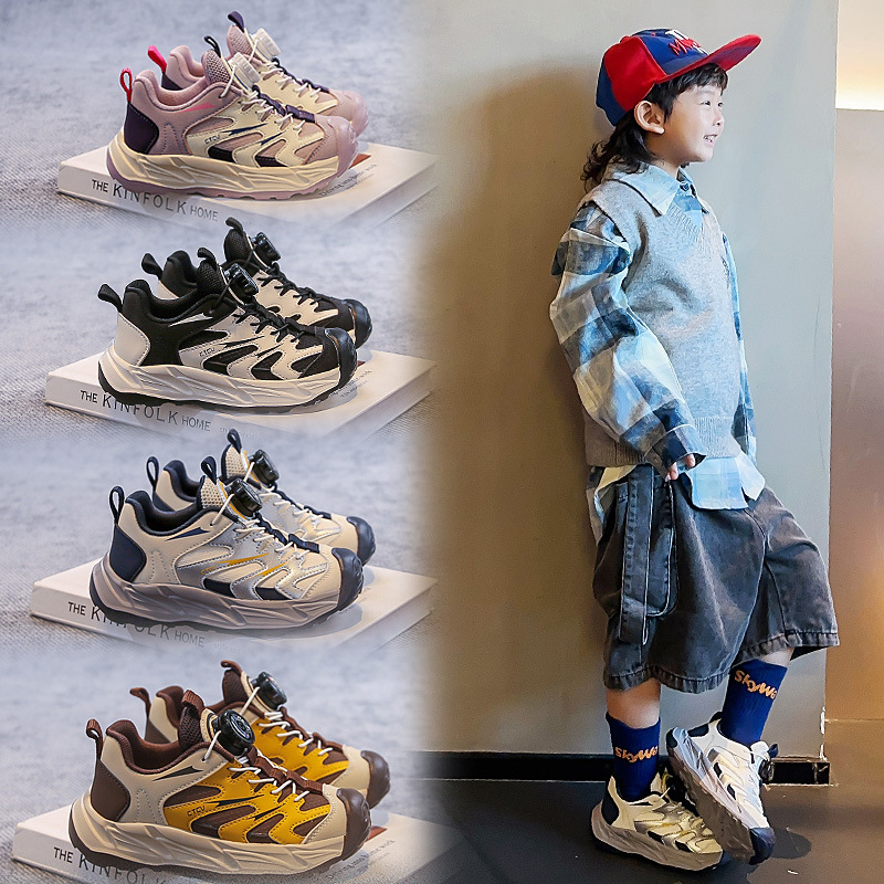 Children's Shoes Leather Waterproof 2025 New Style Medium and Large Kidsren's Boys and Girls Rotating Button Sports Shoes Shock-Absorbing Soft Sole Running Shoes