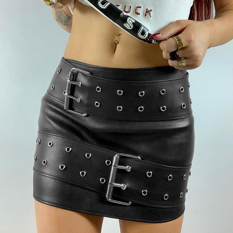 women s double belt leather short skirt nihaostyles clothing wholesale NSRUI79829