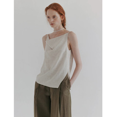 預 2024夏季新款韓國設計師mo*a亞麻系帶方領疊穿吊帶背心