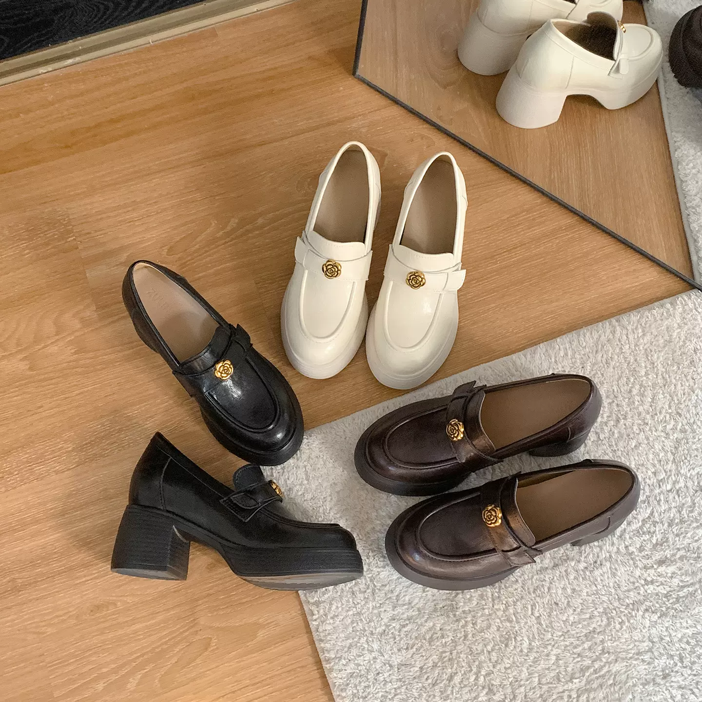 牛皮版增高10cm英伦风粗跟乐福鞋女复古山茶花一脚蹬百搭粗跟单鞋