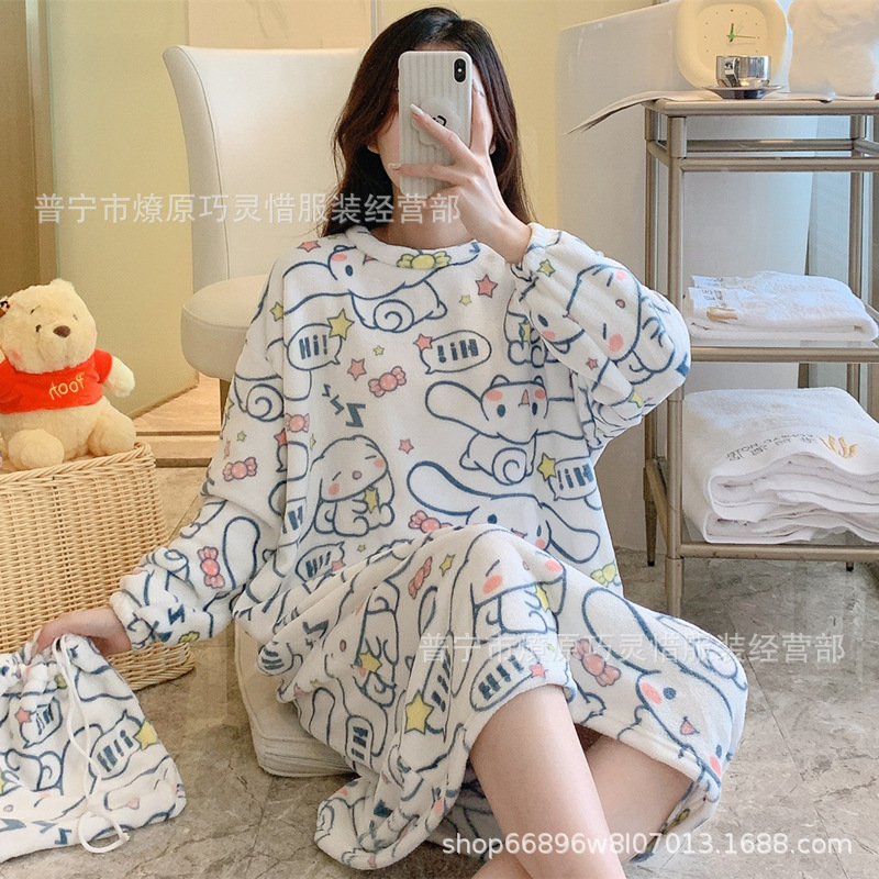 Pijamas de mujeres otoño invierno de franela lindo dibujo animado 2024 nuevo coral de lana gruesa falda cálida ropa para el hogar