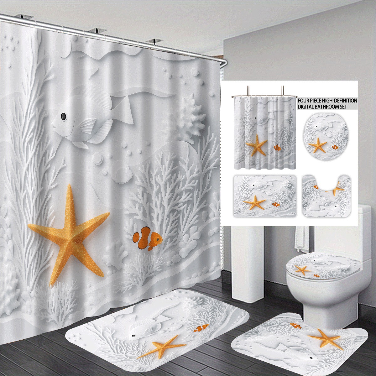 Temu cortina de baño impermeable personalizada serie de elementos marinos 3D impresión poliéster cortina de baño de cuatro piezas fábrica image 14
