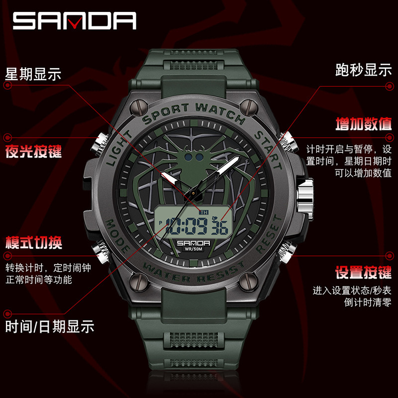 Sanda nuevo reloj araña luminoso impermeable reloj electrónico moda personalidad juventud reloj despertador reloj de los hombres 3159