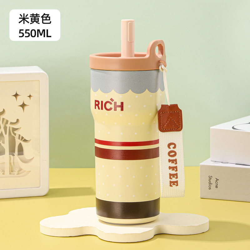 新しいコーヒーアイスカップ、大容量ストロー断熱カップ、持ち運び用ロープ付き、高品質のステンレススチール製ウォーターカップ、ポータブルカップ|undefined