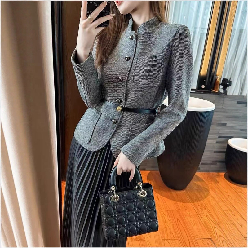 Shenzhen Big-Name Counter's Same Style Worsted Wool Suit, Slimming Look Gray Jacket, Heavy-Duty Pleated Skirt