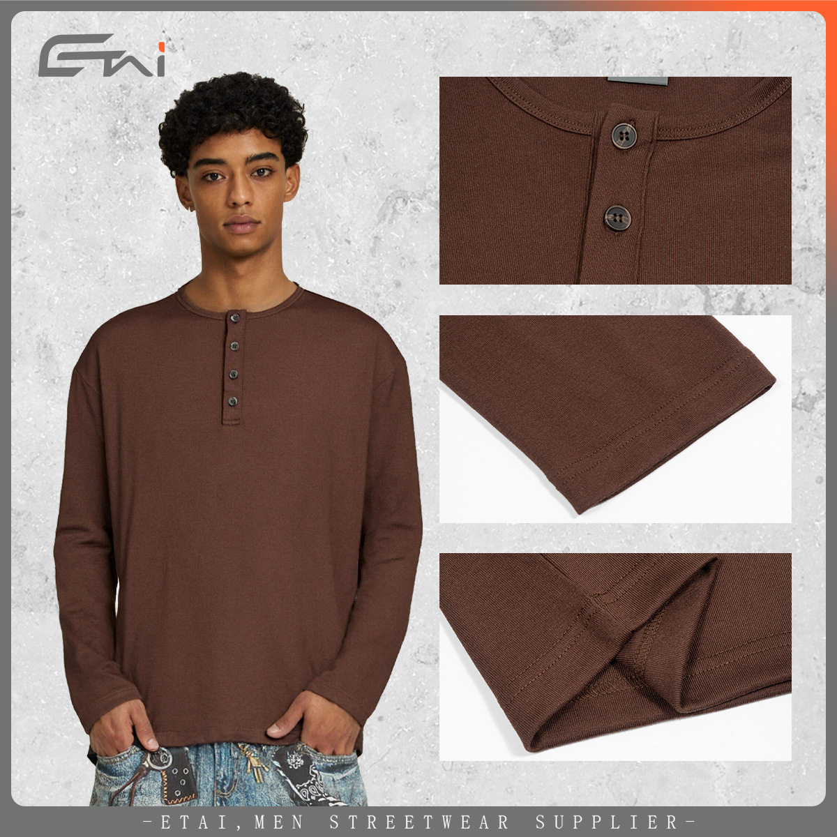 ETAI ropa de hombre primavera y otoño de manga larga camiseta de color sólido Henry camiseta hombre simple casual cuello redondo suelto con base