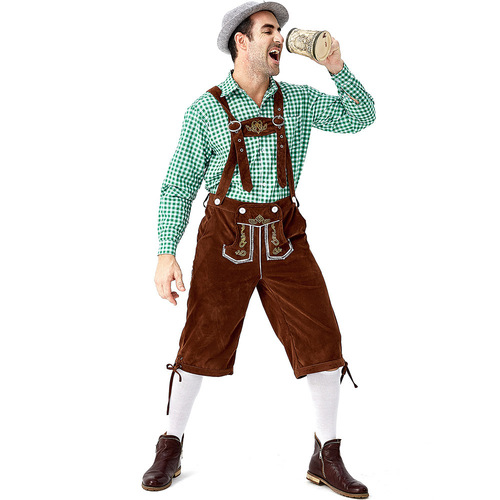 German Traditional Men's Beer Festival Outfit: Plaid Collared Shirt, Embroidered Belted Pants with Hat Set