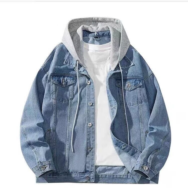 Men's Faux Two-Piece Denim Jacket Spring and Autumn New Trendy Hooded Stylish Loose Jacket Top