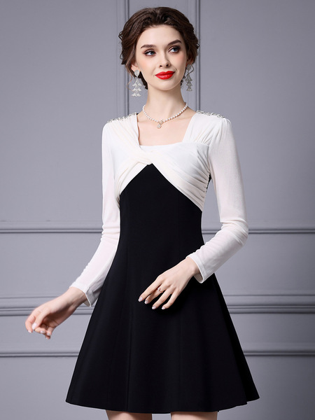 A-line dress, socialite temperament, nail diamond high waisted dress, short style