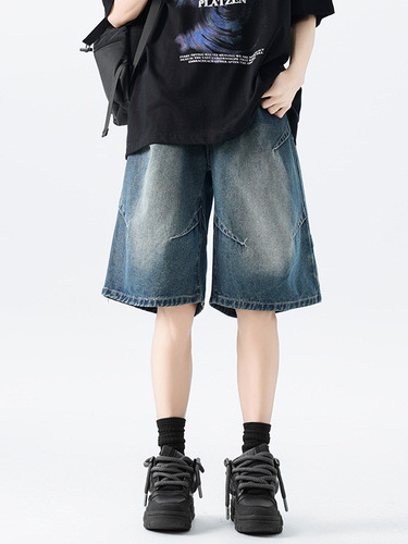 American-style designed pleated denim shorts for men, summer high-street, washed and distressed, five-pocket pants, plus-size straight-leg mid-rise pants