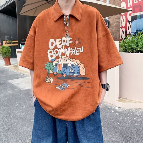 Men's American Streetwear Short Sleeve Polo Shirt Summer Fashion Heavyweight Retro Collar T-Shirt for Boys