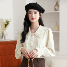 2024秋季新款法式温柔气质木耳边娃娃领喇叭袖长袖雪纺衬衫女衬衣