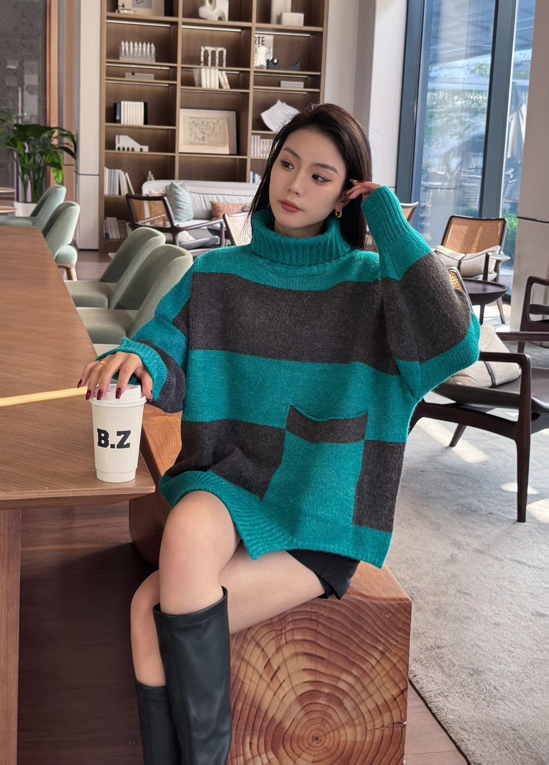 24 invierno Puyuan collar fz otoño invierno suéter de tamaño grande para mujeres 2024 nuevo estilo rayado