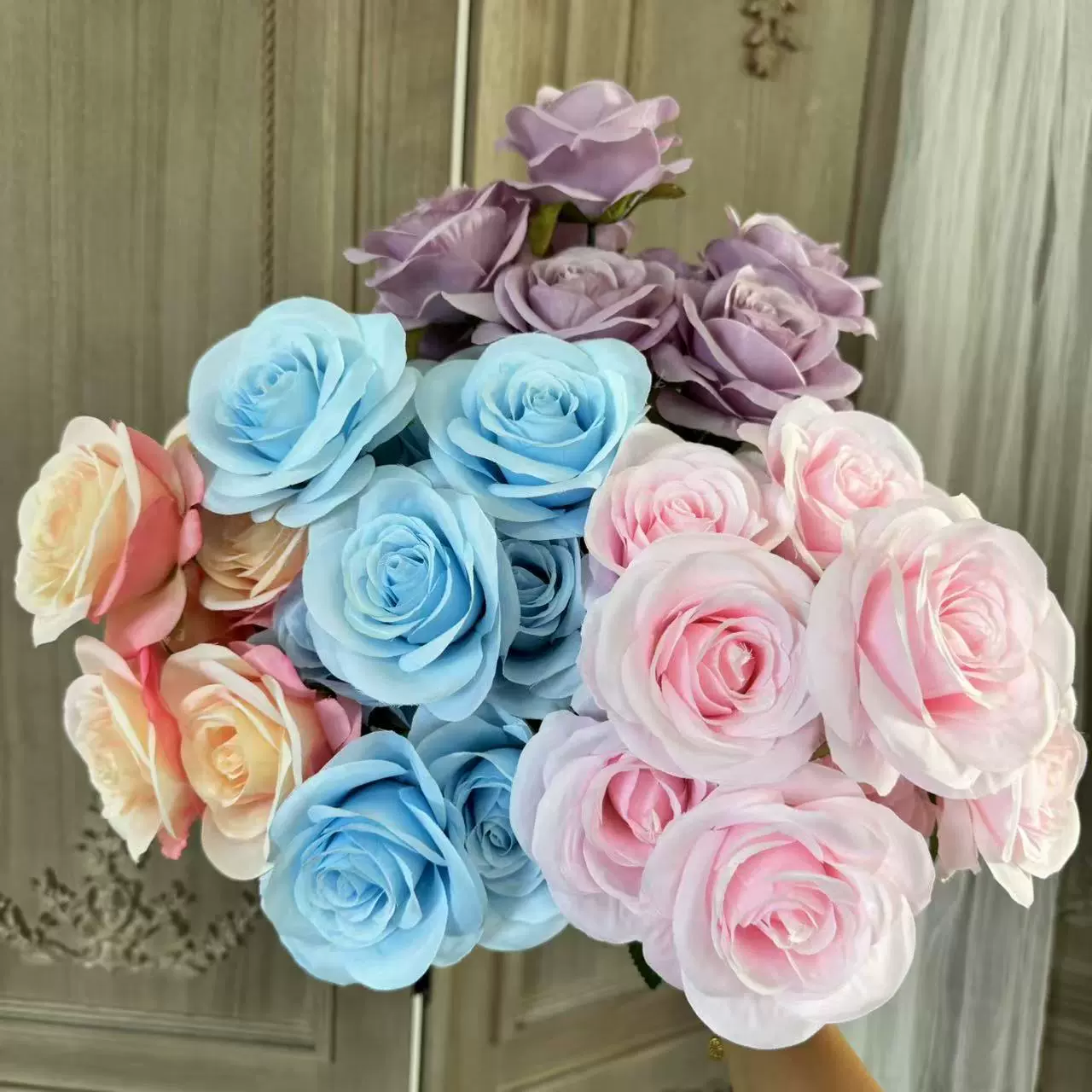 9头把束玫瑰 多头仿真玫瑰花 婚庆桌花装饰绢花外贸出口厂家批发