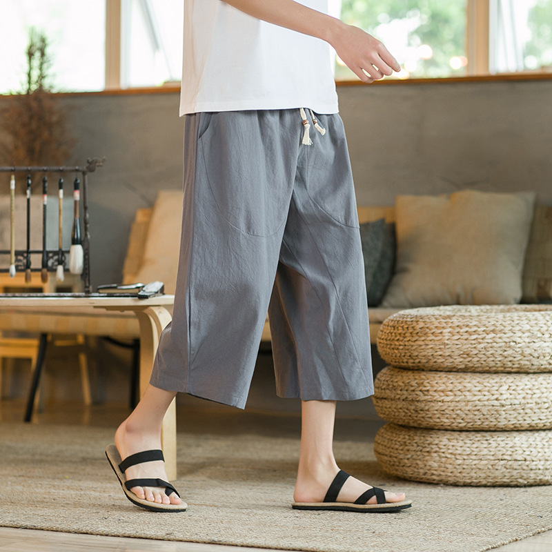 2022 Linen Beach Pants Men's Loose Casual Cropped Hallen Pants Trendy plus size Chinese Style Cotton and Linen Wide Leg Pants 2022 Linen Beach Pants Men's Loose Casual Cropped Hallen Pants Trendy plus size Chinese Style Cotton and Linen Wide Leg Pants