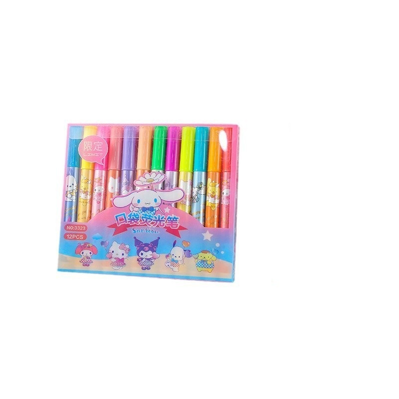 12 colores de dibujos animados bolsillo de resaltos lindos de alto valor de color protector de ojos color bolígrafo de cuentas de mano de los estudiantes marcadores clave