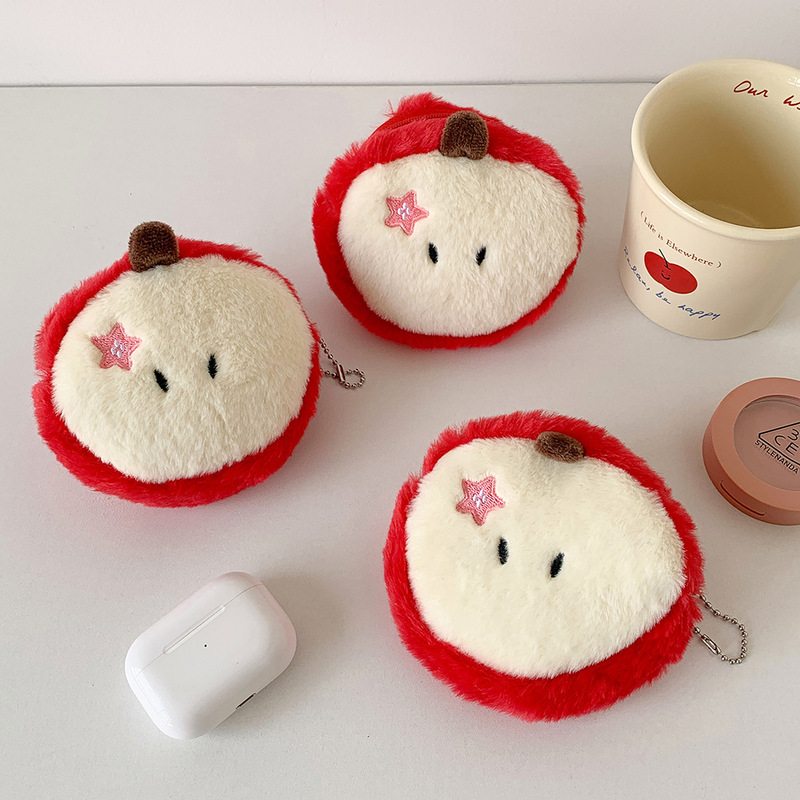 Cartoon Apple Plush Coin Purse Cute Mini Data Cable Headphone Bag Portable Lipstick Storage Bag Backpack Hanging Bag