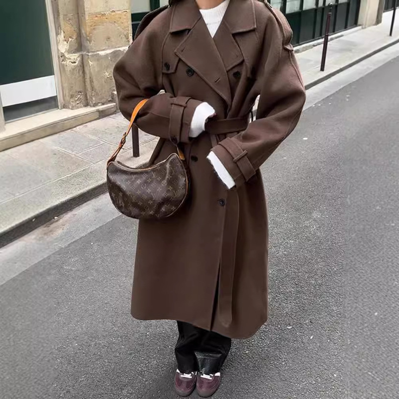 in stock real shot -2024 Europe and the United States cross-border explosions temperament lapel long waist lace wool coat coat women