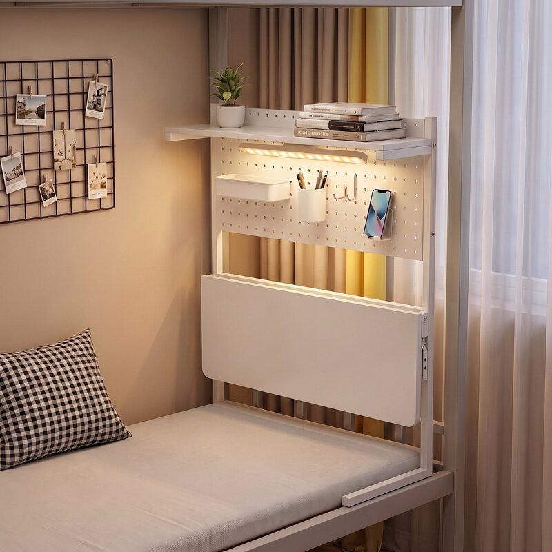 College student dormitory floating computer desk with foldable perforated board storage table and light, dormitory bed writing desk