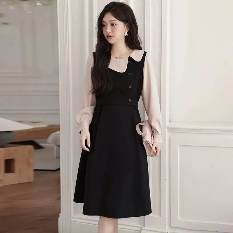 Autumn and Winter New Plus-Size Women's French-Style Elegant Doll Collar Dress That Hides the Belly and Makes the Figure Look Slimmer, Long-Sleeve Faux Two-Piece Dress for Plus-Size Women Autumn and Winter New Plus-Size Women's French-Style Elegant Doll Collar Dress That Hides the Belly and Makes the Figure Look Slimmer, Long-Sleeve Faux Two-Piece Dress for Plus-Size Women