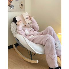 【现货】可爱小狗粉色半边绒睡衣女冬新款加绒加厚家居服大码套装